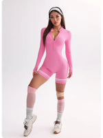 Women Sports Line Shorts Playsuits Zipper Neck One Piece Yoga Romper Pants Workout Fitness Gym Training Tights Suits