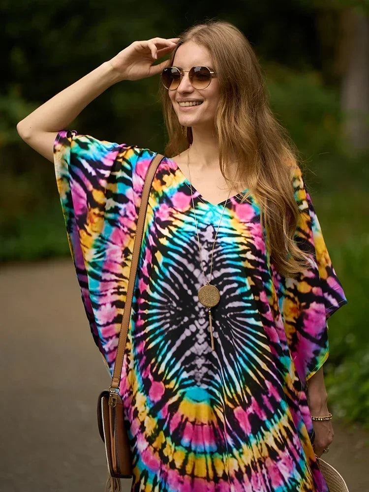 2025 Loose Boho Style Maxi Dress Print Face Swim Suit Cover-up Bohemian Dress Robe Plage Kaftan Maxi Dress Beach Wear Tunics