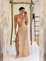 Sexy Slim Low-cut Tie Knit Halter Cut Out Circle Decoration High Slit Beach Maxi Dress 2026 Women Summer Swimsuit Cover Up K88