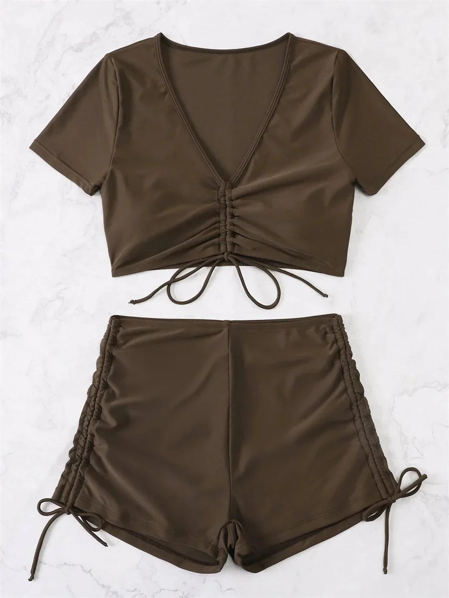 Sexy Drawstring Bikini Set 2026 Women Green Black Short Sleeve Two Piece Swimsuit Summer Bathing Suit Pleate High Waist Swimwear