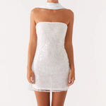 Sexy Glitter Pearl Women Summer Mini Dresses Sleeveless Off Shoulder Flower Embroidery Tube Top Bandeau Dress with Scarf