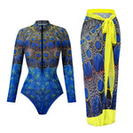 Vintage Sunscreen One Piece Swimsuit Skirt Set Women Peacock Print Long Sleeve Zipper Swimwear Beach Bathing Suit Monokini 2025