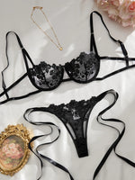 Lady Floral Embroidery Lingerie Set Women Sheer Bra and Brief Underwear Set Satin Sexy Intimates Underwear