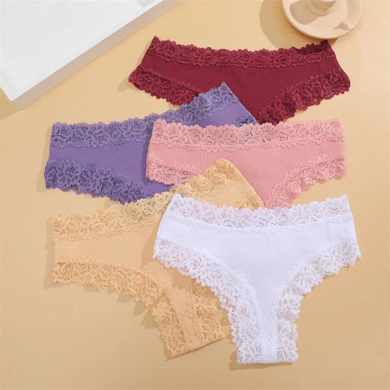 5Pcs Women Cotton Brazilian Pants Sexy Lace Brazilian Briefs Low Waist Floral Solid Color G-string Breathable Soft Lingerie