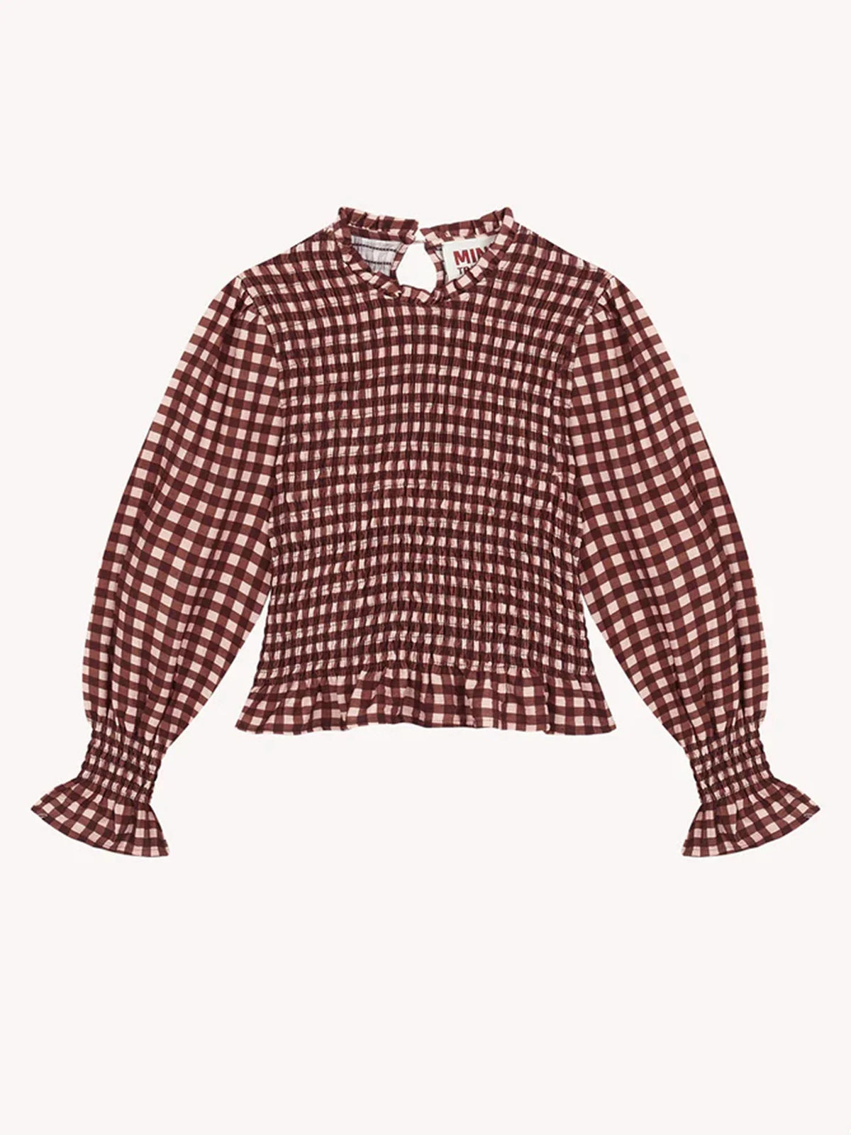 Women Fashionable Casual Round Neck Smocked Bubble 3/4 Sleeve Tops Summer Fall Plaid Print Ruffled T-shirts