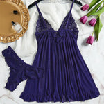 2 Pcs Set Sexy Lingerie Set Women Deep V Slip Dress Thong Erotic Bra Panty Sets Lace Nightdress Transparent Soft Nightgown