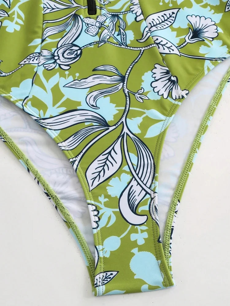 Vintage Green Leaves Print One Piece Swimsuit Long Skirt Sets Women Long Sleeve Zipper Slim Fit Bathing Suit Surf Swimwear 2026