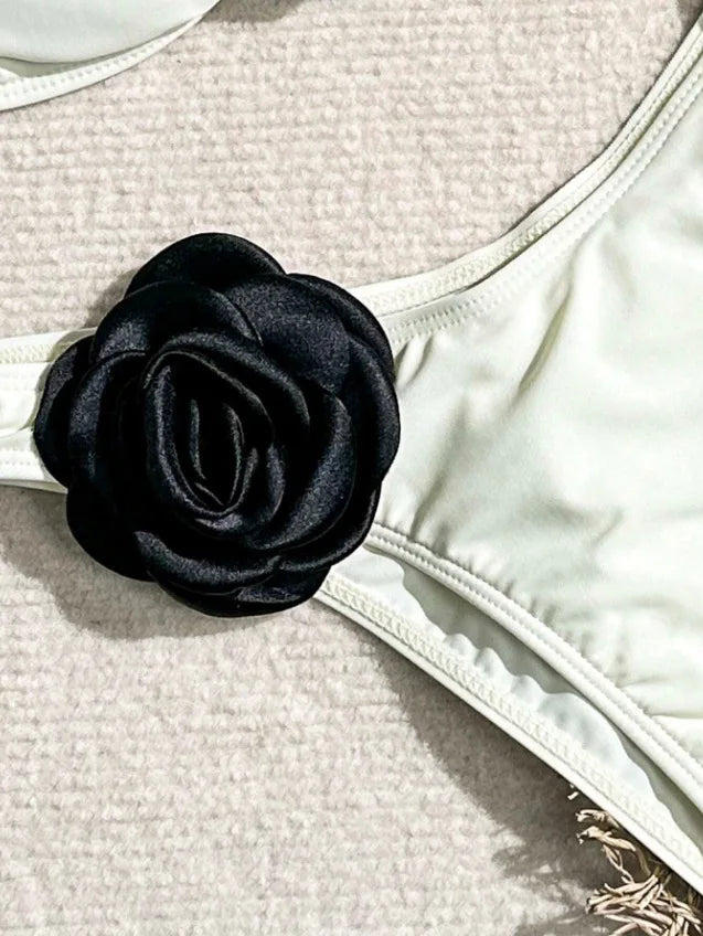 Sexy 3D Flower Patchwork Swimwear Thong Bikini 2024 Women Lace-up Swimsuit Halter Drawstring Swimming Bathing Suit Biquini Mujer