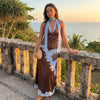 Women 2 Piece Outfits Solid Color Stylish Lace Patchwork Sleeveless Deep V Neck Satin Tops and Long Skirt Summer Suits test