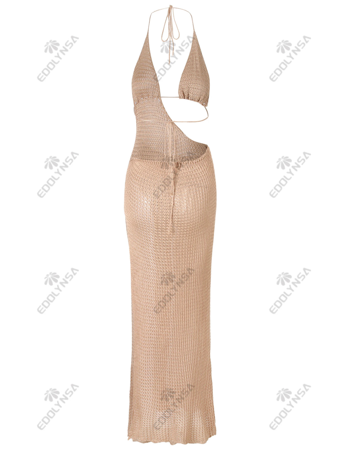 Sexy Slim Low-cut Tie Knit Halter Cut Out Circle Decoration High Slit Beach Maxi Dress 2026 Women Summer Swimsuit Cover Up K88