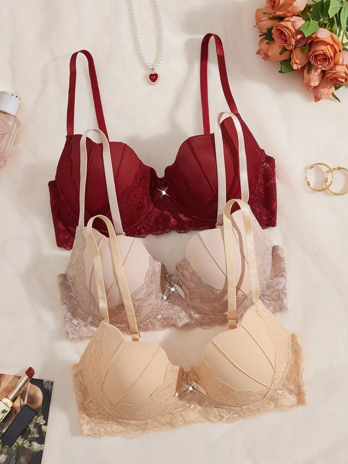 3PCS/Set Women's Floral Lace Bra Set French Underwear Comfortable Push up Bra Intimates Lingerie with Rhinestone Bow