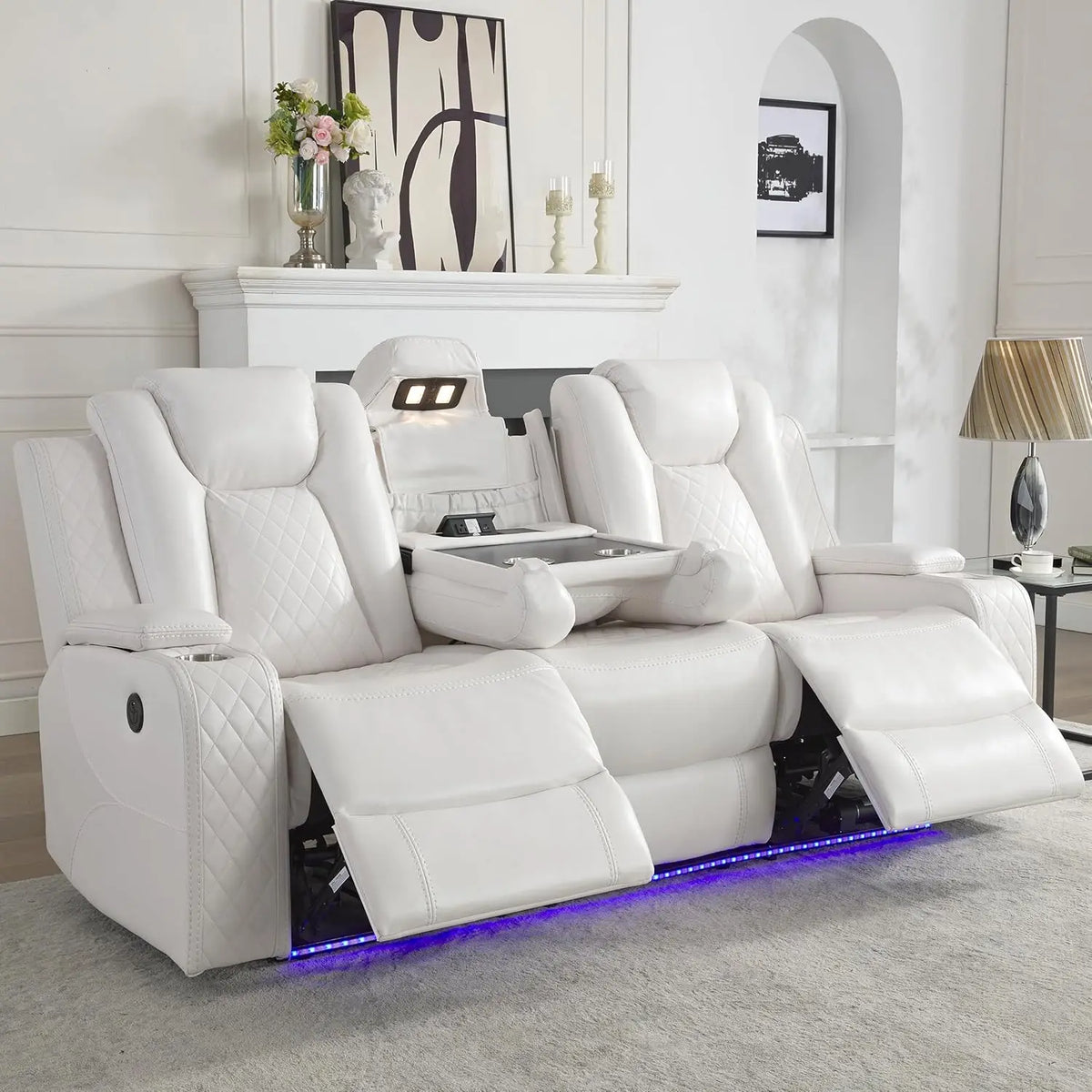 TODRANI Power Reclining Sofa 0 Gravity w/ Wireless Charger,LED Floor Lights,Reading Light, Drop-down Table USB/Type-C Port(070)