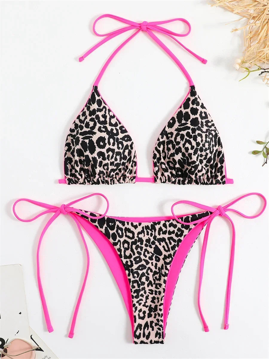 Sexy Micro Bikini 2025 Women Pink Leopard Print Neon Double Side Push Up Swimsuit Brazilian Beach Bathing Suit Thong Swimwear