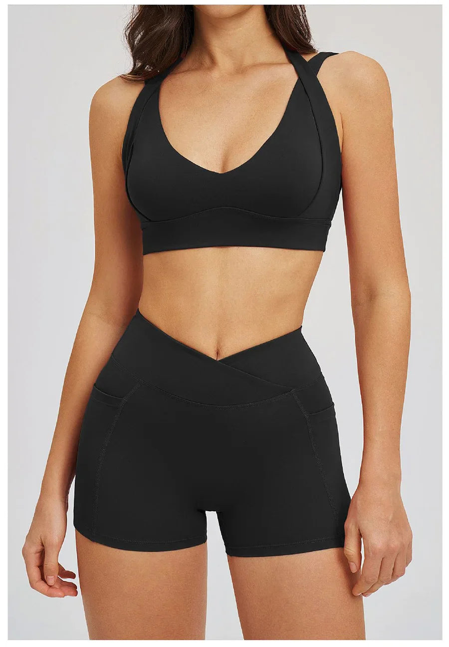 Women' Sports High Waist Shorts Set Fitness Cycling Elastic Sports Pants Yoga Bra Set Gym Sportswear Workout Set Athletic