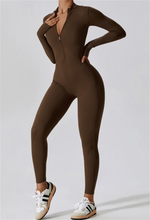 Half zip integrated long yoga jumpsuit solid color sexy long sleeved integrated sportswear for women