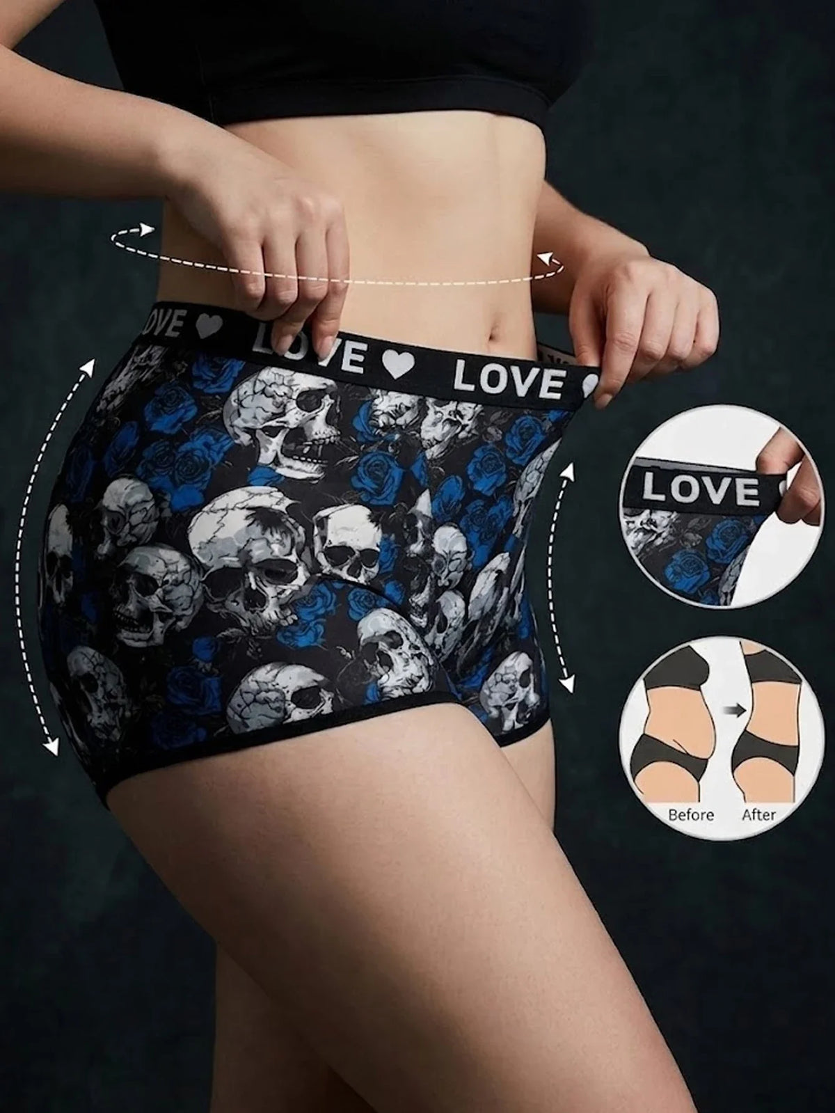 1XL-4XL Women Seamless Panties High-waisted Boyshorts Gothic Skull Soft Breathable Stretch Underwear for Women