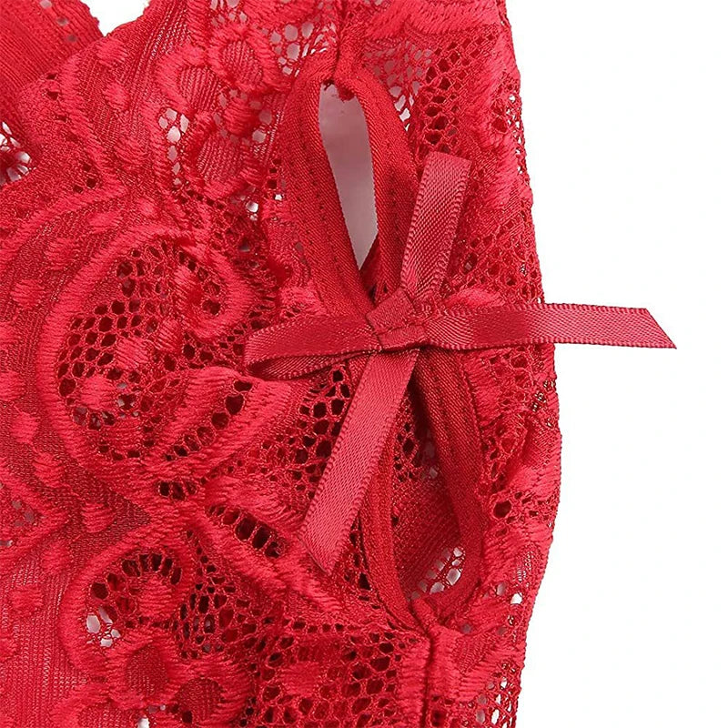 Transparent Sexy Crotchless Red Lingerie Women's Lace Hollow Bodysuit Bra Set Erotic Pajamas Deep V Open Bra Porn Underwear Set