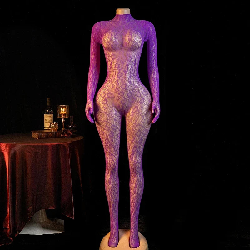 Hot Sexy Lingerie Erotic Crotchless Women Mesh Hollow Bodystockings Full Sleeve LeopardSling Hanging Neck Underwear Body Suits
