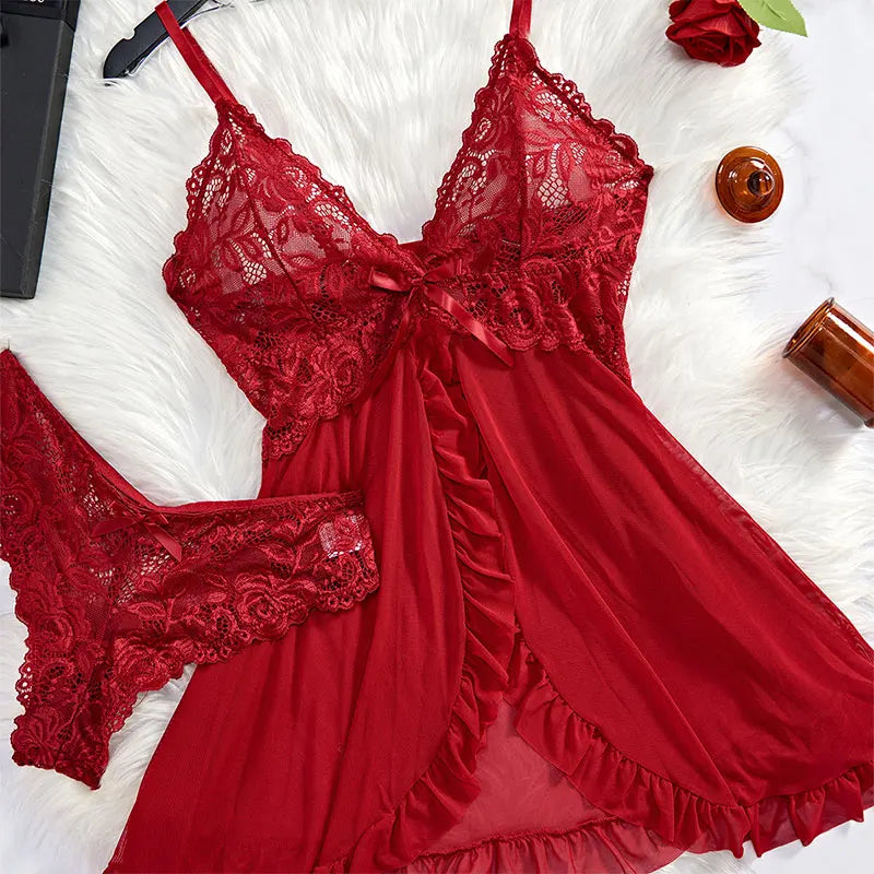 2025 Lace Sleeping Robe Nightgown Set Hot Erotic Pajamas With Summer Sleeveless Halter Dress Sexy Sleepwear For Plus Size Woman