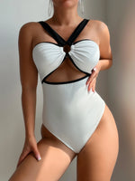 New White Black Patchwork Swimwear Women Halter Metal Ring Linked Hollow Out Slim Tummy Control One Piece Swimsuit Monokini 2025