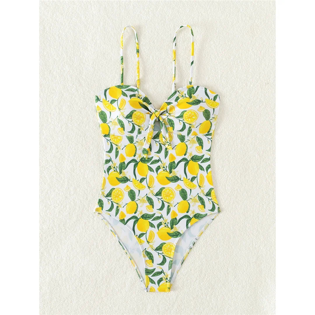 2026 New Lemon Printed Knotted One Piece Swimsuit Women Swimwear Female Monokini High Leg Cut Bather Bathing Suit Swim K6093