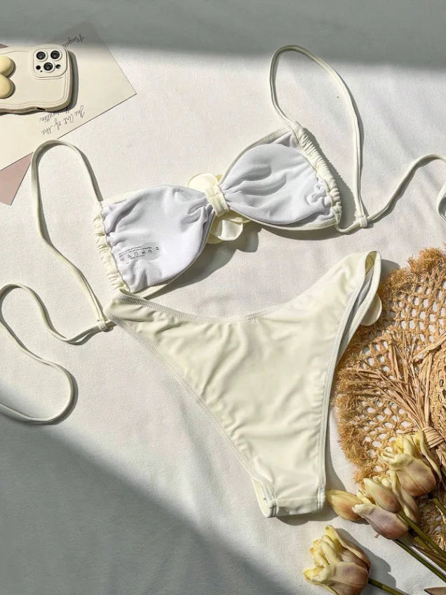 Sexy 3D Flower Patchwork Swimwear Thong Bikini 2024 Women Lace-up Swimsuit Halter Drawstring Swimming Bathing Suit Biquini Mujer
