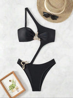 2026 Women's Sexy Black Cut-Out Bikini One Shoulder Metal Designer Backless Thong One-Piece Swimsuit Summer Swimsuit бикини