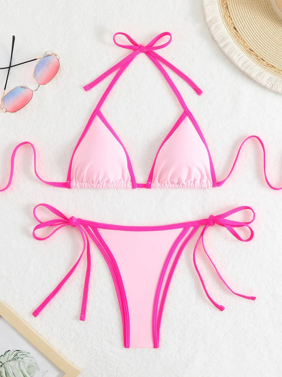 Sexy Micro Bikini 2025 Women Pink Blue Contrast Push Up Tie Side Thong Swimsuit Brazilian Beach Bandage Bathing Suit Swimwear