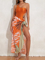 New One Piece Swimsuit Women Solid Orange One Shoulder Hollow Out Skirt Swimwear Set 2024 Summer Holiday Bathing Suit Beach Wear