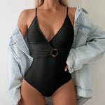 Sexy White Black Swimwear Women 2026 Deep V Neck Hollow Out Ring Linked Slim Fit One Piece Swimsuit Beach Bathing Suit Monokini