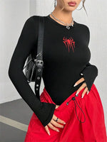 Women Spider Print Round Neck Long Sleeve Crop Tee Top Autumn Winter Spring Y2K Clothes Slim fit T-shirt