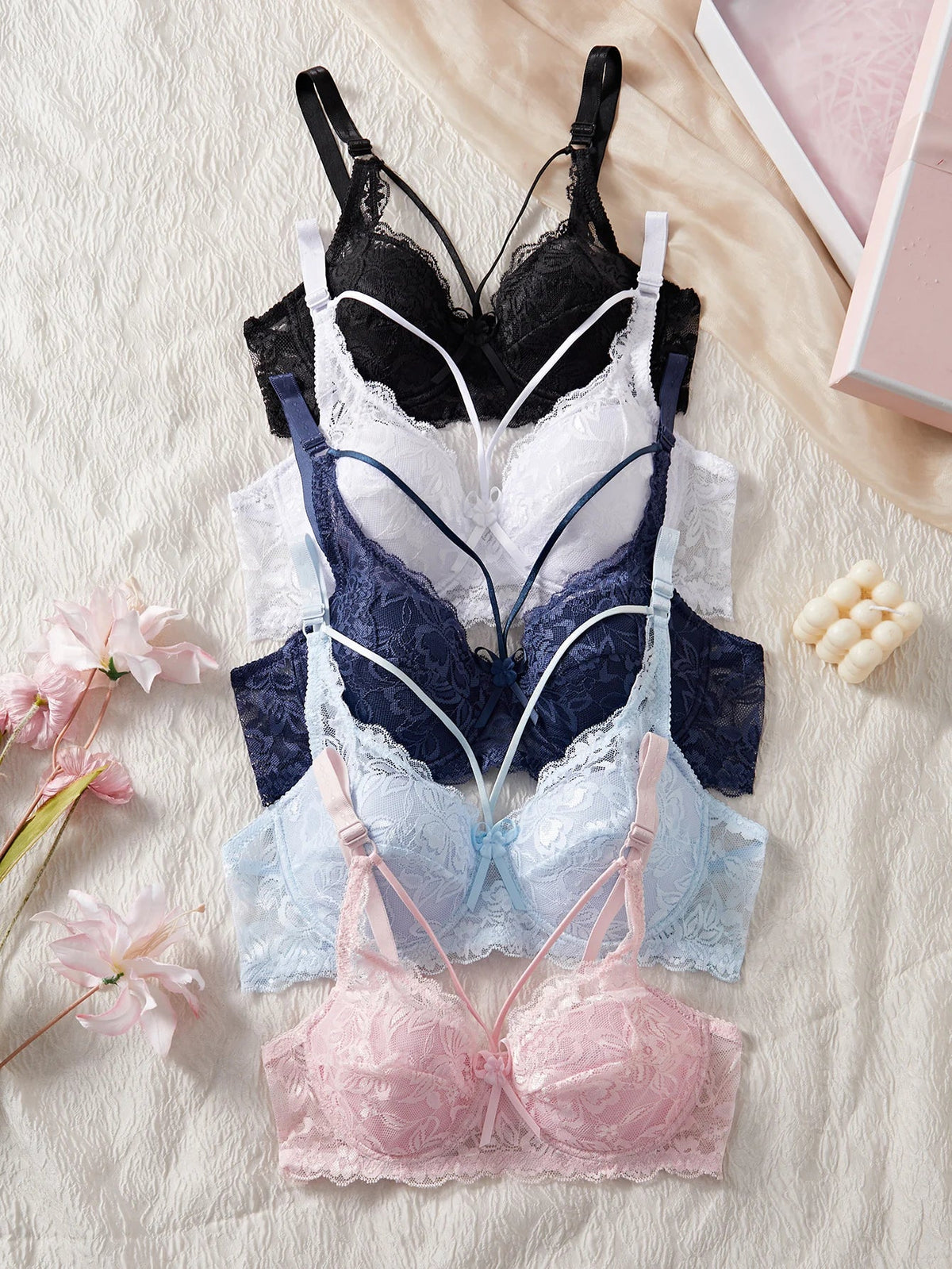5PCS Lace Women's Underwear Set Hollow-out Lace Push up Bra Bow Breast Lift Band Sexy Bras Women Lingerie