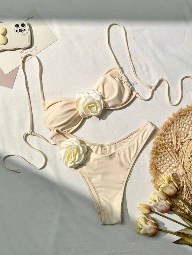Sexy 3D Flower Patchwork Swimwear Thong Bikini 2024 Women Lace-up Swimsuit Halter Drawstring Swimming Bathing Suit Biquini Mujer