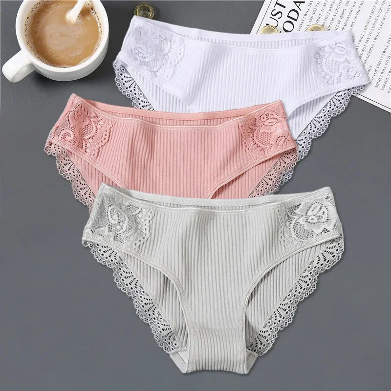 New 3Pcs/set Women's Cotton Panties M-2XL Women Patchwork Lace Underwear Sexy Low Waist Briefs Ladies Comfortable Underpants