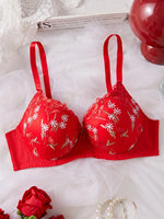 Fallsweet C D Cup Push up Bra for Women Wide Shoulder Straps Embroidered Floral Bow Plus Size Bras Comfort Underwear Lingerie