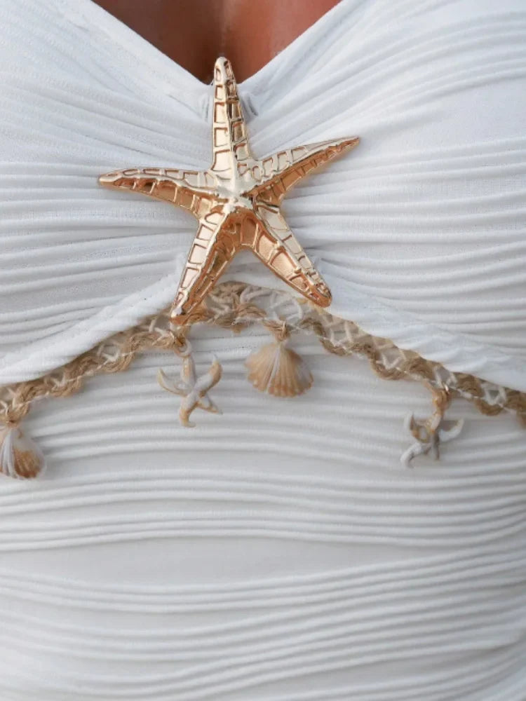 Vintage White One Piece Swimsuit 2026 Women Shell Starfish Ornament Pleate Tummy Control Swimwear Beach Holiday Bathing Suit