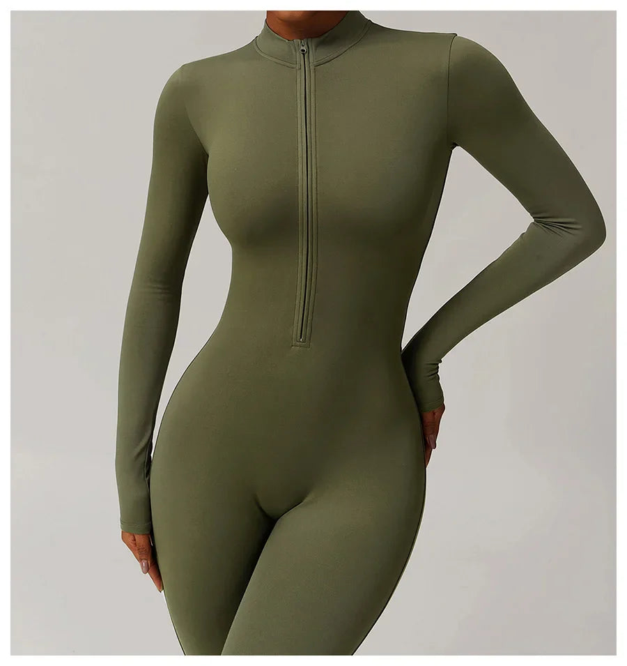 Zipper Workout Jumpsuit Sports Overalls Women Gym Clothing Running Long Sleeves Fitness Gym Tracksuit Short Sportswear Yoga Set