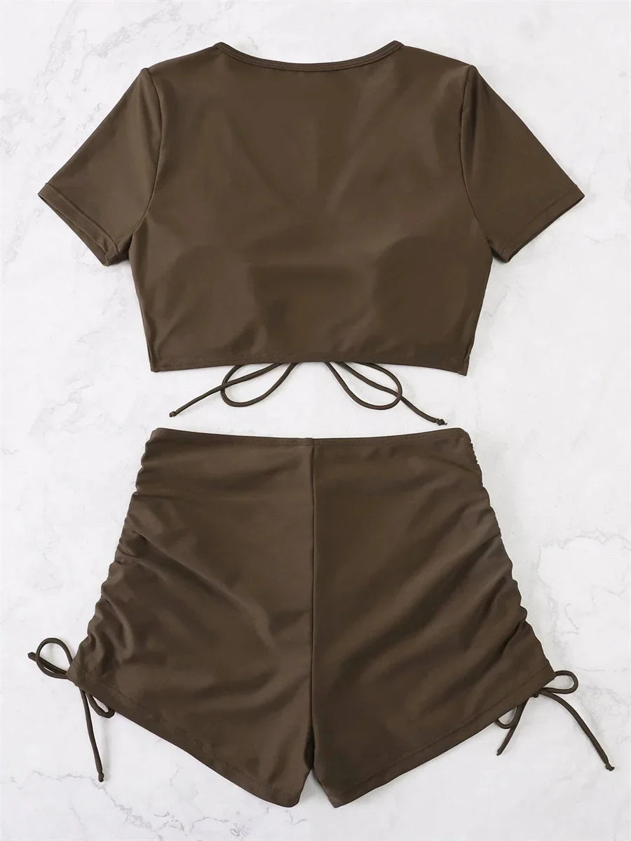 Sexy Drawstring Bikini Set 2026 Women Green Black Short Sleeve Two Piece Swimsuit Summer Bathing Suit Pleate High Waist Swimwear