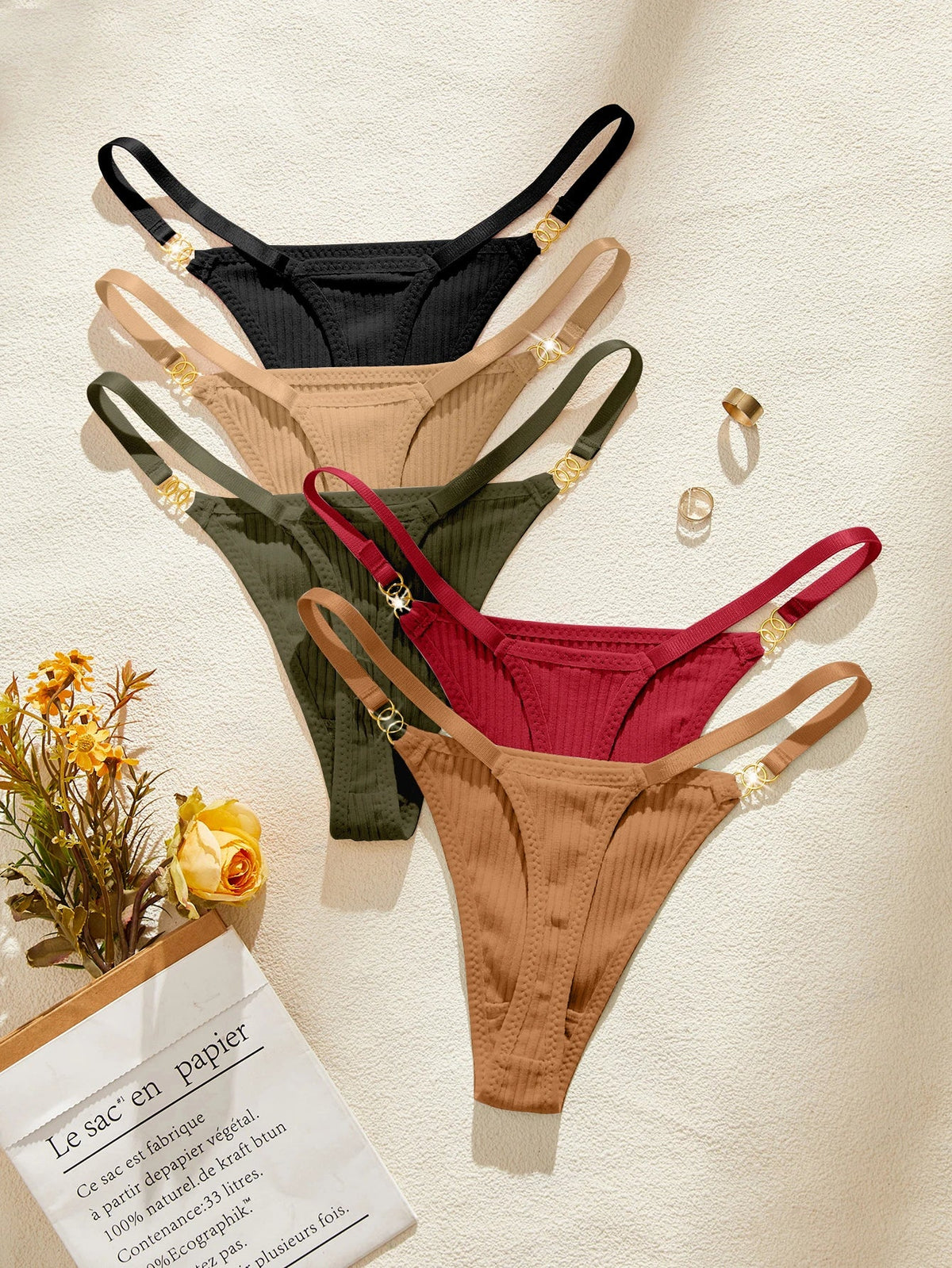 5PCS/Set Solid Women's Thongs Sexy Low Rise Seamless Panties Ribbed Lingerie Comfy Women's Underwear Set
