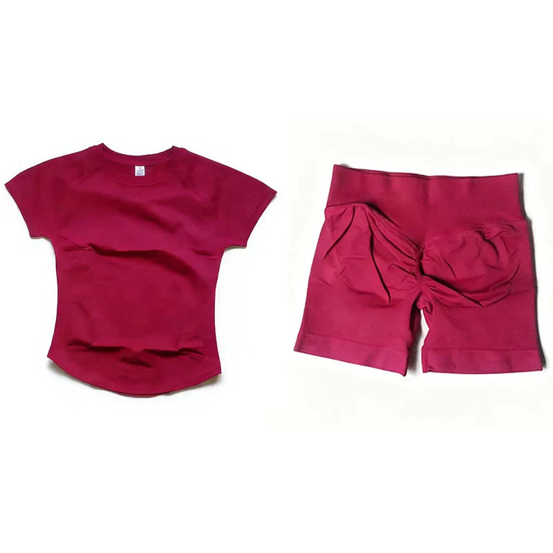 Impact Yoga Suit 2PCS Yoga Set Workout Sets Women Sportswear Gym Clothing Fitness Short Sleeve High Waist Shorts Sports Suits