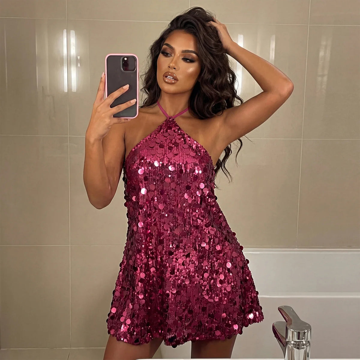 Women Halter Dress Sparkly Sequin Mini Dresses Clubwear Party Date Outfits Sexy Bodycon Dress Sexy Sleeveless Backless Dress