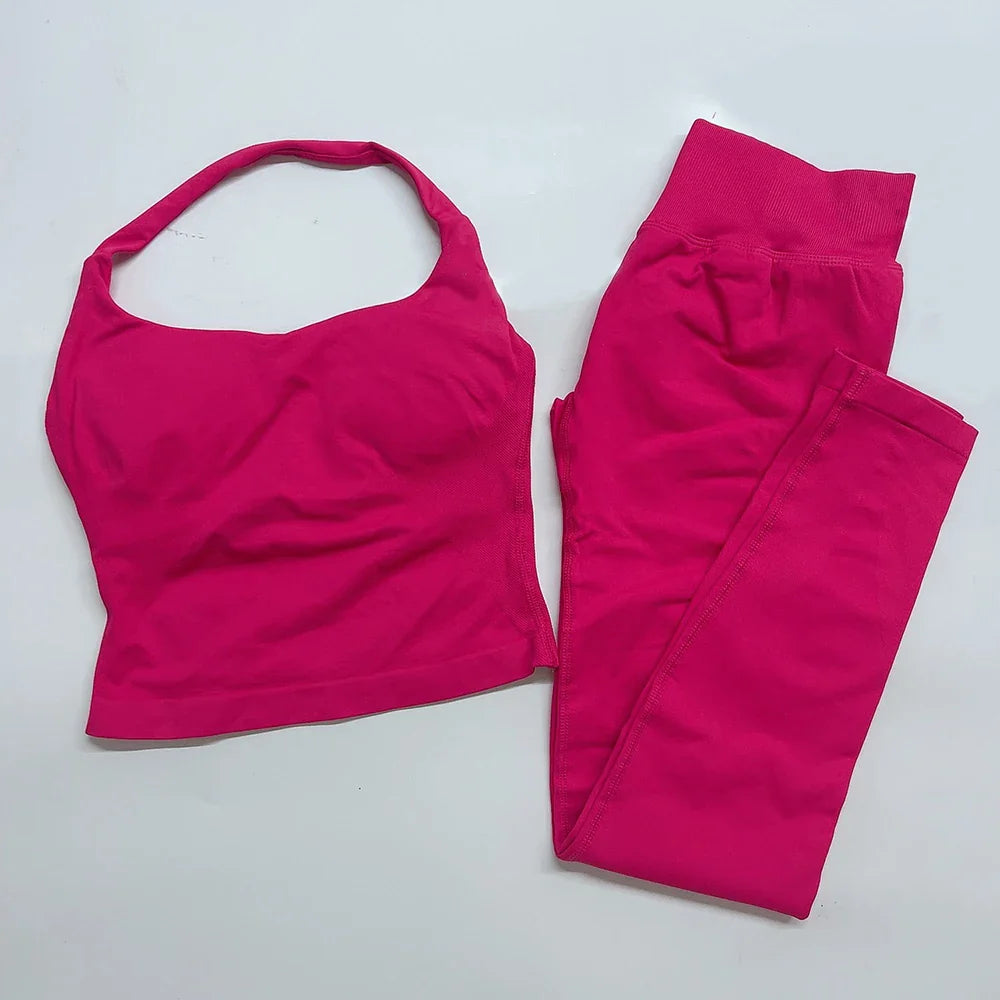 Women's Halter Top And Sports Leggings Gym Workout Set Two-Piece Pilates Clothes Yoga Outfits Impact Fitness Pants Set