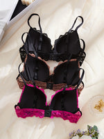 3PCS Daily Lace Trim Women's Underwear Set Rhinestone Push up Bra wite Underwire Soft & Stylish Female Slim Bra