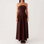 Elegant Strapless Maxi Tube Dress Women Ruched Long Sundress Boat Neck Sleeveless Strapless Flowy Dresses Party Clubwear