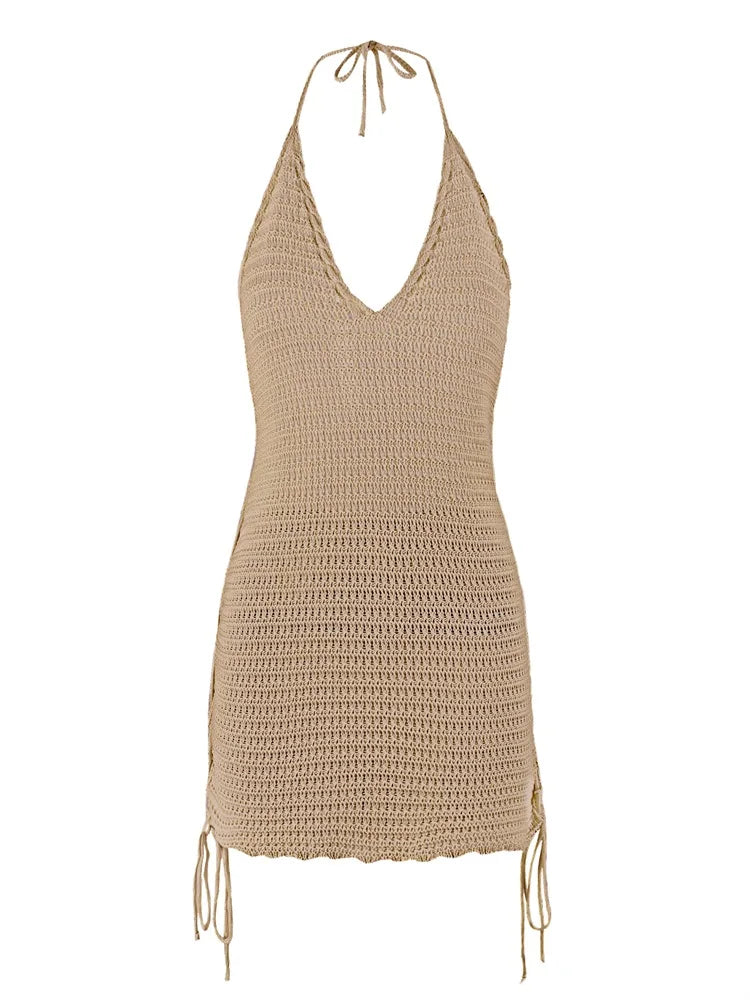 Solid Knit Halter V-neck Side Cross Straps Slim Beach Mini Dress 2026 Women Crochet Beach Swimsuit Cover Up Vacation Outfit K104