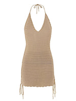 Solid Knit Halter V-neck Side Cross Straps Slim Beach Mini Dress 2026 Women Crochet Beach Swimsuit Cover Up Vacation Outfit K104