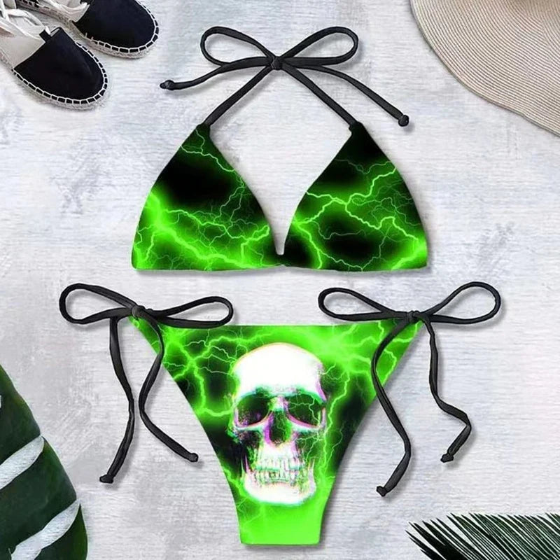 Gothic Bikini 2025 Women Punk Skull Print Bra Triangle Bottoms Swimsuit Split Bathing Suit Underwear Y2K Bikinis Swimwear