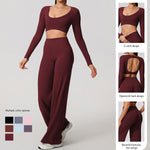 Hearuisavy Sports Set 2Pcs Women'sLong Sleeve Backless Fitted Fitness Top Push Up Pilates Yoga Top Wide Leg Straight Leg Pants