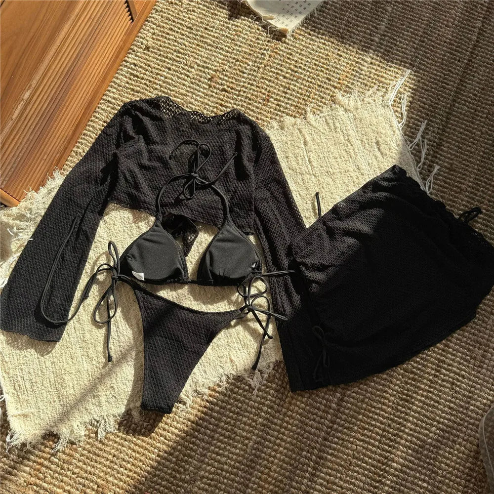Beige Mesh Halter String Triangle Micro Thong Bikinis Sets 4 Pieces Long Sleeve Cover Ups Sexy Swimsuit Women Holiday Swimwear