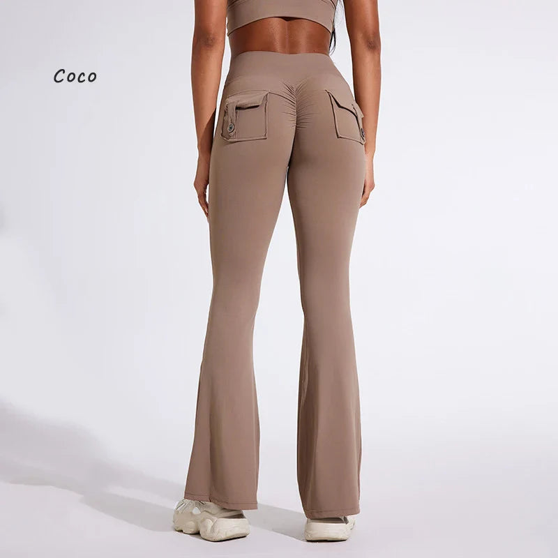 DIAS FIT JOY Women's pocket bell bottoms yoga high waisted hip lifting fitness pants quick drying running exercise fitness gym